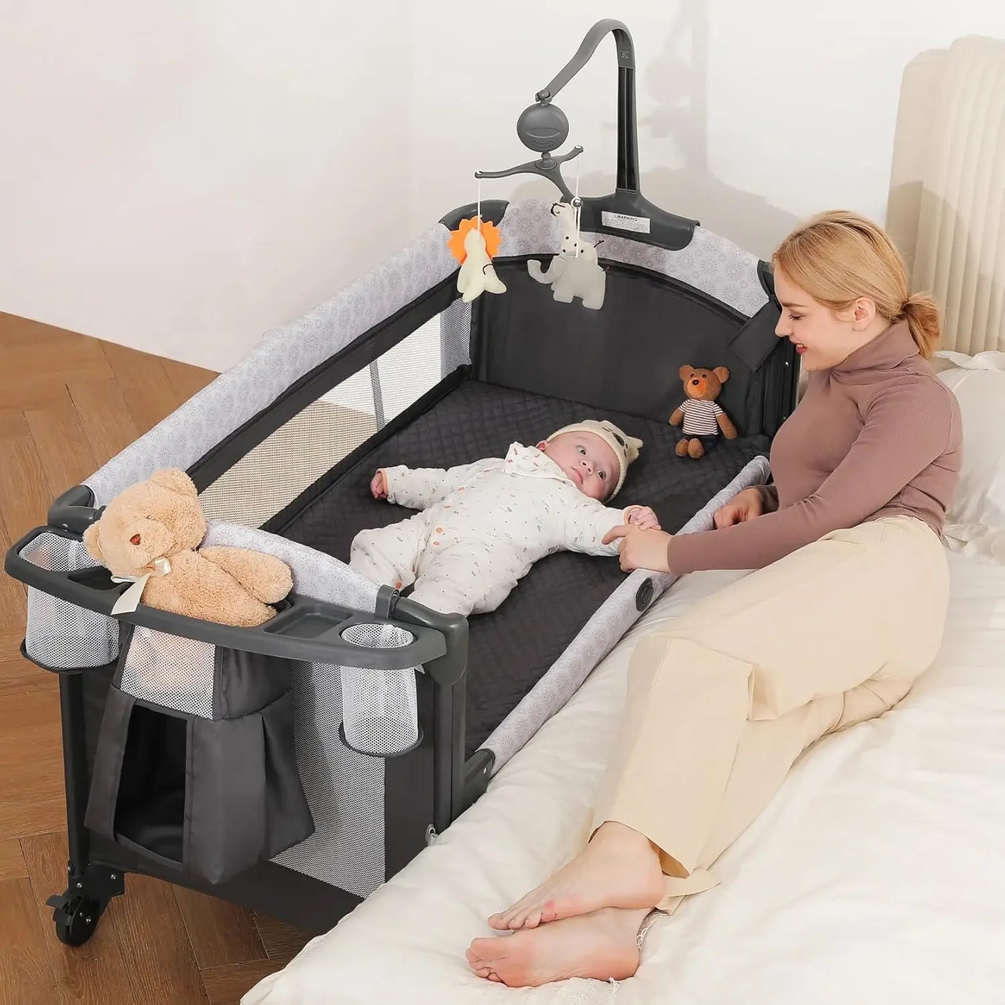 4-in-1 Baby Bassinet, Bedside Crib with Diaper Changer & Music