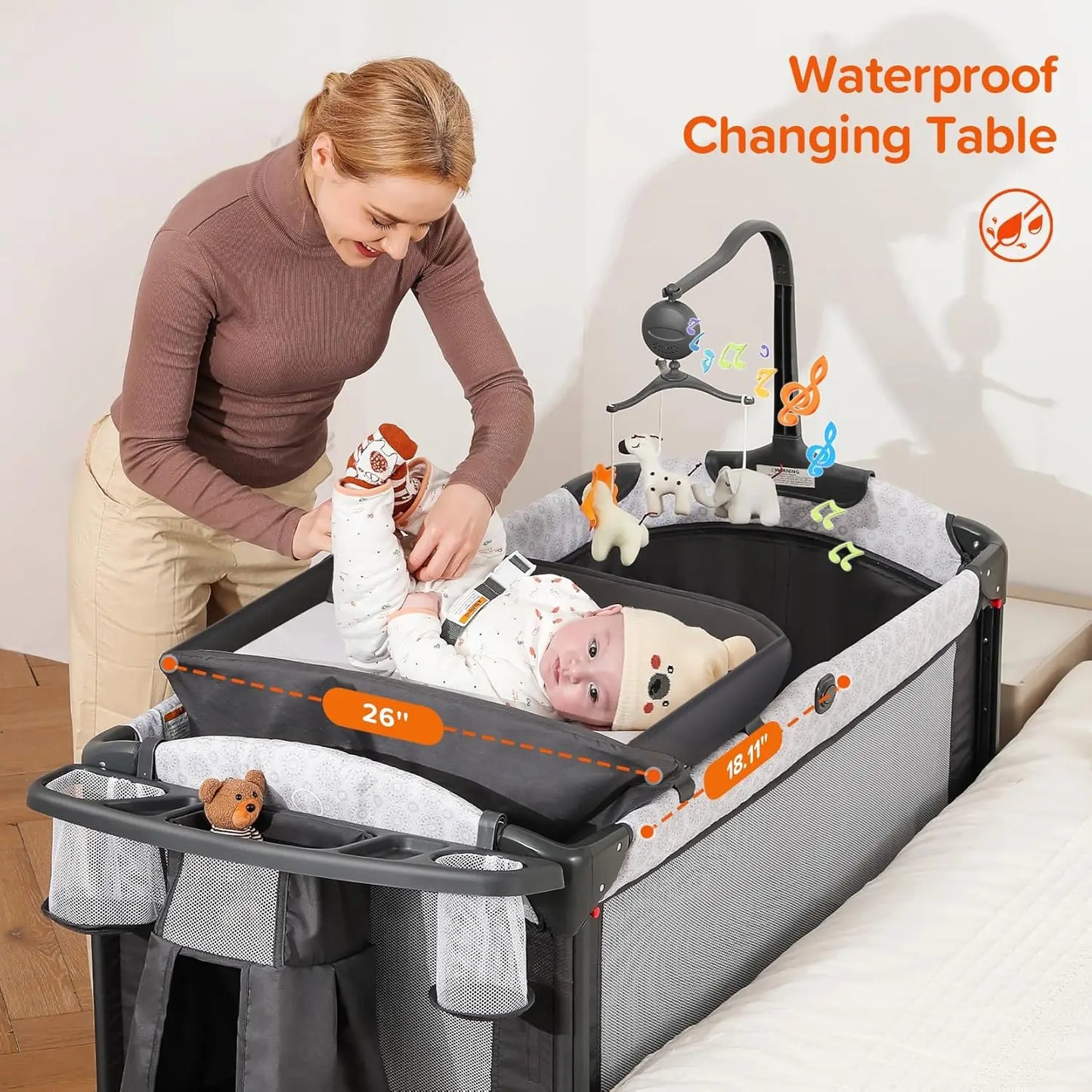 4-in-1 Baby Bassinet, Bedside Crib with Diaper Changer & Music