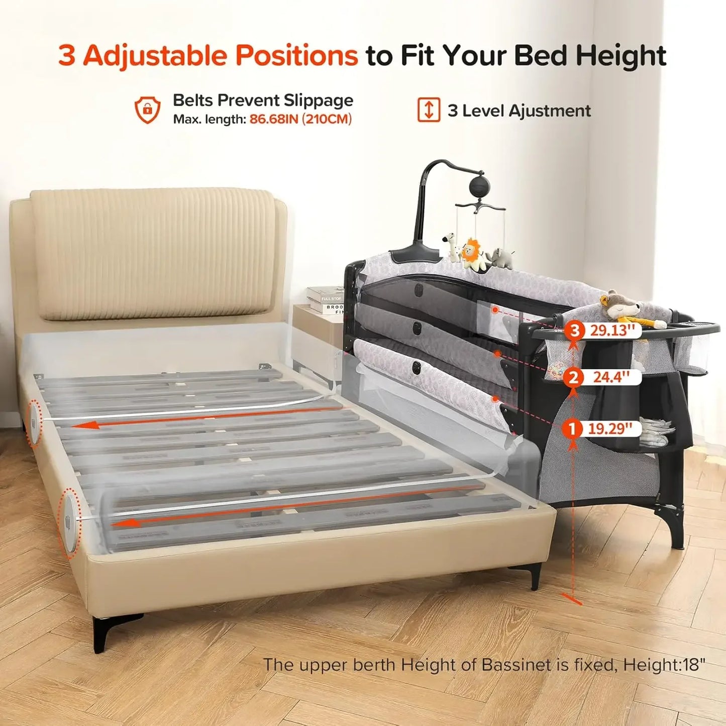 4-in-1 Baby Bassinet, Bedside Crib with Diaper Changer & Music