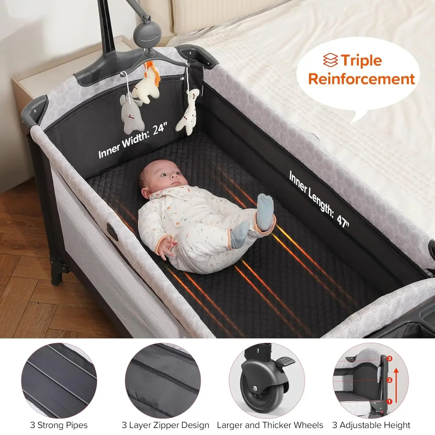 4-in-1 Baby Bassinet, Bedside Crib with Diaper Changer & Music